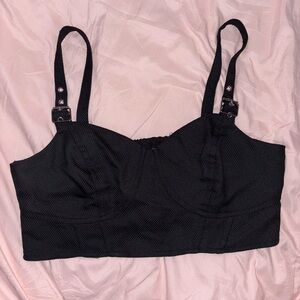 Divided Black Longline Crop Top with Adjustable Buckle Straps